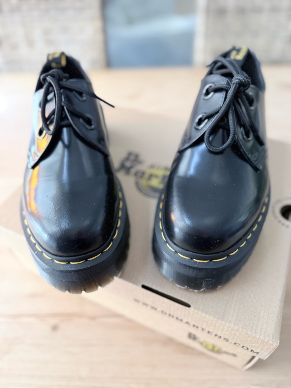 Dr. Martens Holly Black Oxford Leather 3-Eye Shoes with Yellow Stitching